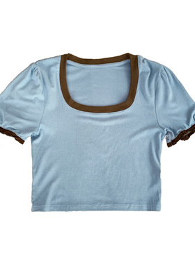 欧货现货蓝色气质正肩泡泡短袖T恤女夏季新款小个子短款撞色上衣
