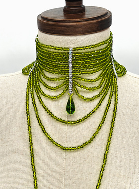 海盗爷秀场同款水晶多层流苏长项链 多色切面水晶链重工洛丽塔