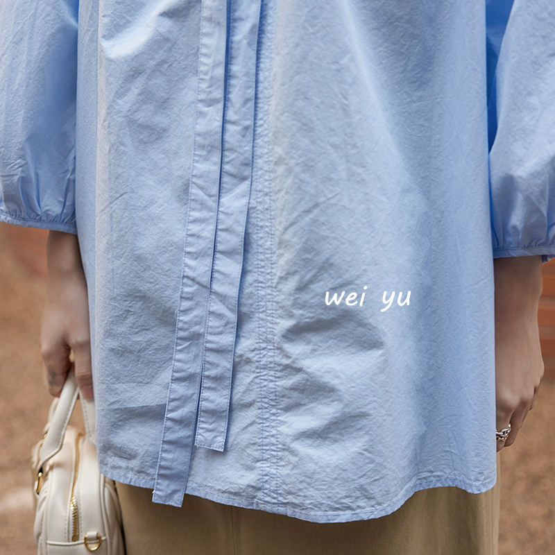 薇语大码女装系带V领灯笼袖衬衫女春夏2024新款纯色高级感上衣 - 图2