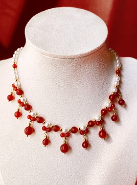 新年喜庆婚嫁汉服配饰少女儿童红玛瑙双层淡水珍珠璎珞日常百搭