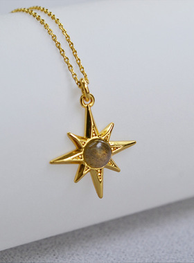 欧美小众简约时尚百搭气质黄铜镀金镶嵌拉长石八芒星吊坠短款项链