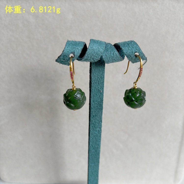 N设计款~18K金镶碧玉籽料耳饰/耳环/耳钩 朕®开仓新疆和田玉,淘宝优惠券,粉丝福利购,淘宝优惠卷