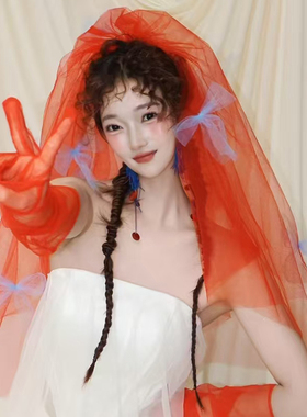 新款蓝色蝴蝶结头纱新娘结婚登记