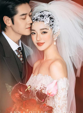 复古订婚新娘婚纱照小拖蓬蓬头纱