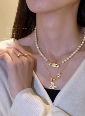 长期主义~土星别针珍珠项链叠戴