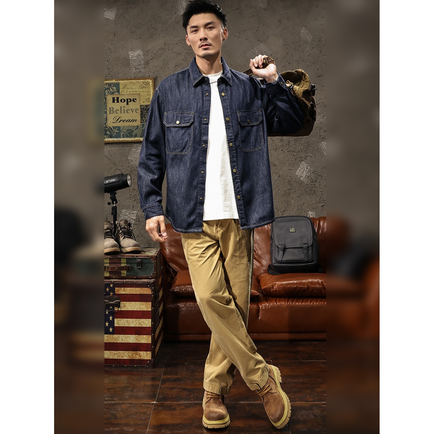 复古工装衬衫男款2025春秋季新款美式潮牌牛仔外套户外硬汉风衬衣 - 图3