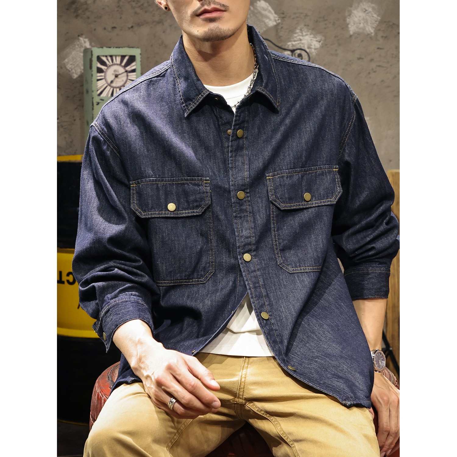 复古工装衬衫男款2025春秋季新款美式潮牌牛仔外套户外硬汉风衬衣 - 图1