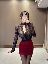 Thery hanging neck high collar lace blouses original design pure color temperament and stylish long sleeve custom-made jersey