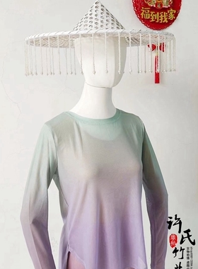 浔山行舞蹈古风镂空斗笠竹编白色走秀吊珠流苏斗笠女帽侠女帽