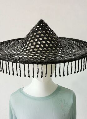 古风黑色流苏斗笠走秀帽子串珠帽拍照道具舞蹈古装缕空帽侠女帽