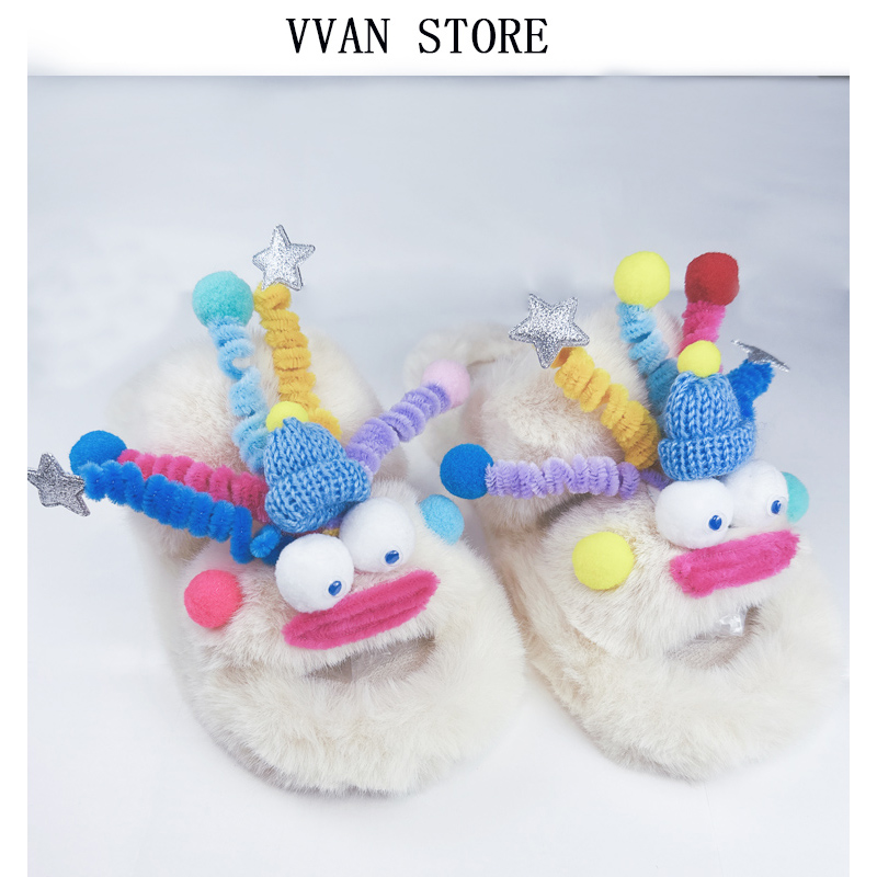 网红毛毛拖鞋女外穿可爱原创设计厚底丑萌毛绒家居防滑一字棉拖鞋 - 图2