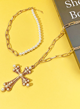 十字架多层珍珠项链高级毛衣链