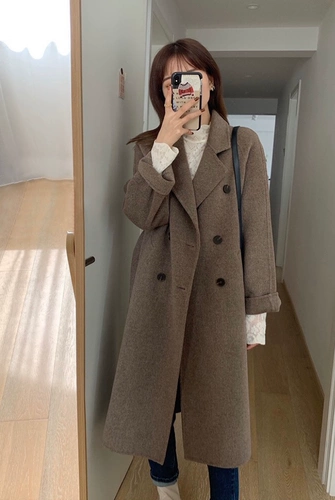 Демисезонное двусторонное кашемировое шерстяное шерстяное пальто, бархатная черная длинная альпака