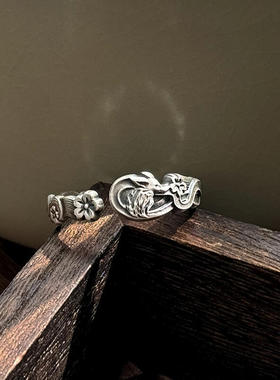 新中式足银999 复古浮雕樱花小狐狸开口纯银戒指女古风精美可