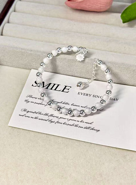 纯银S925银色新款简约百搭款车花光珠小花手链