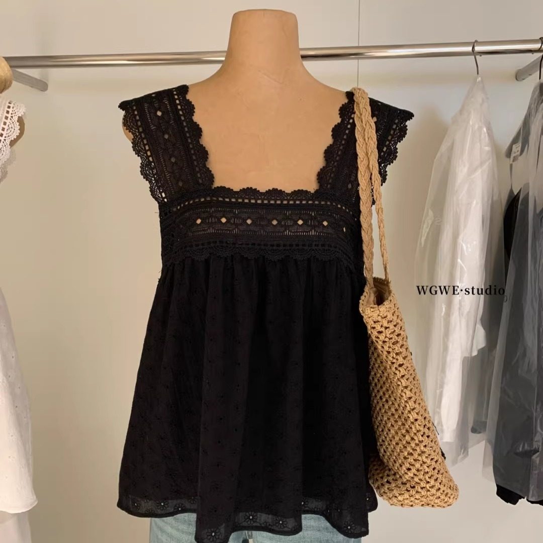 WGWE高雅清甜重工蕾丝花边镂空绣花A字大方领娃娃衫上衣女,淘宝优惠券,粉丝福利购,淘宝优惠卷