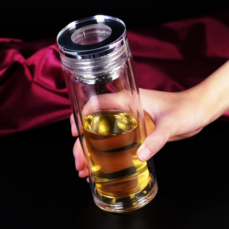双层带盖玻璃杯便携小透明男女士杯子加厚耐热大容量泡茶水杯定制