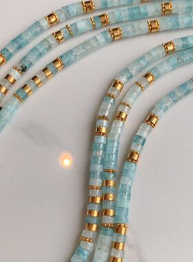 彩色天然石海蓝宝手工串珠项链女轻奢小众设计感新中式锁骨链颈链