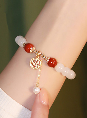 天然和田玉白玉手链搭配14k包金福牌配件女款手饰品温柔风手串