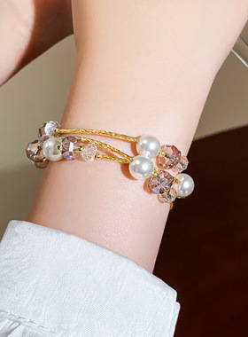 金色多层叠戴珍珠水晶串珠手链女轻奢小众精致手串气质高级感首饰