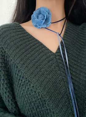 蓝色牛仔山茶花颈链choker绑带项链芭蕾风甜酷复古锁骨链腰链女夏