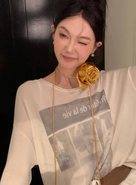 姜黄色玫瑰花choker花朵夸张配饰山茶花挂脖系带项链锁骨链春夏