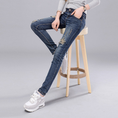 弹力破洞牛仔裤女长裤2021年夏天新款紧身显瘦小脚铅笔裤子夏季潮
