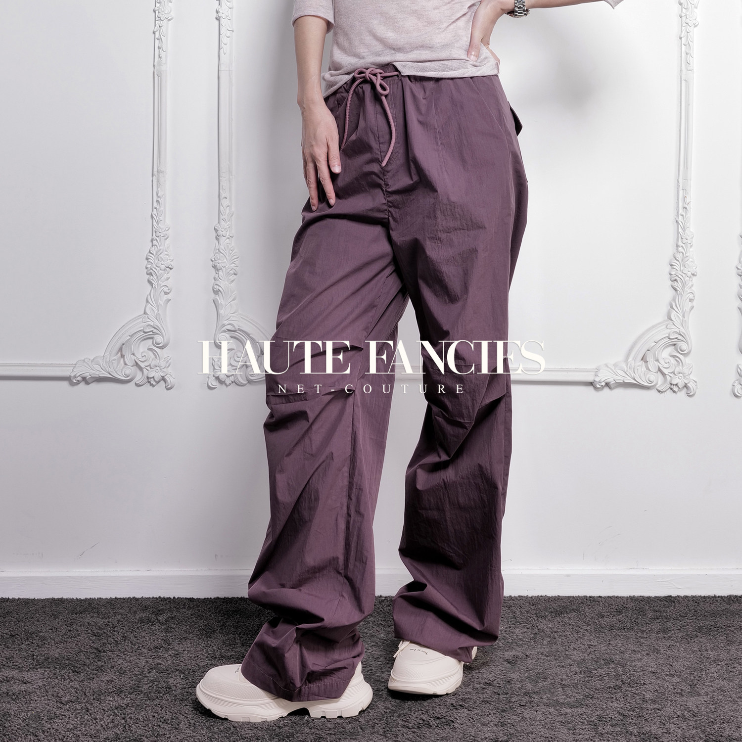 紫火HAUTE FANCIES后构想｜紫色运动风膝部褶皱直筒防水登山裤,淘宝优惠券,粉丝福利购,淘宝优惠卷