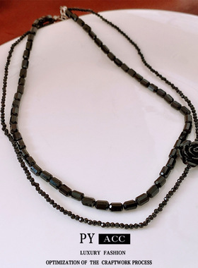 双层玻璃串珠玫瑰花吊坠项链甜酷风时尚气质锁骨链个性潮流项饰