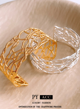 18K真金电镀交叉镂空开口手镯欧美冷淡风时尚手环设计感小众项饰