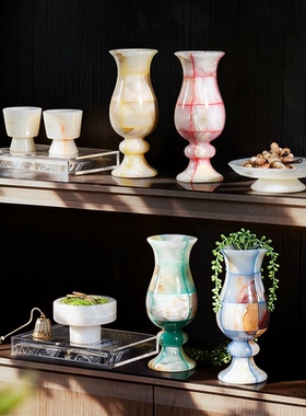 现代中古风天然多巴胺玉石格子花瓶大理石花器家居桌面书架饰品