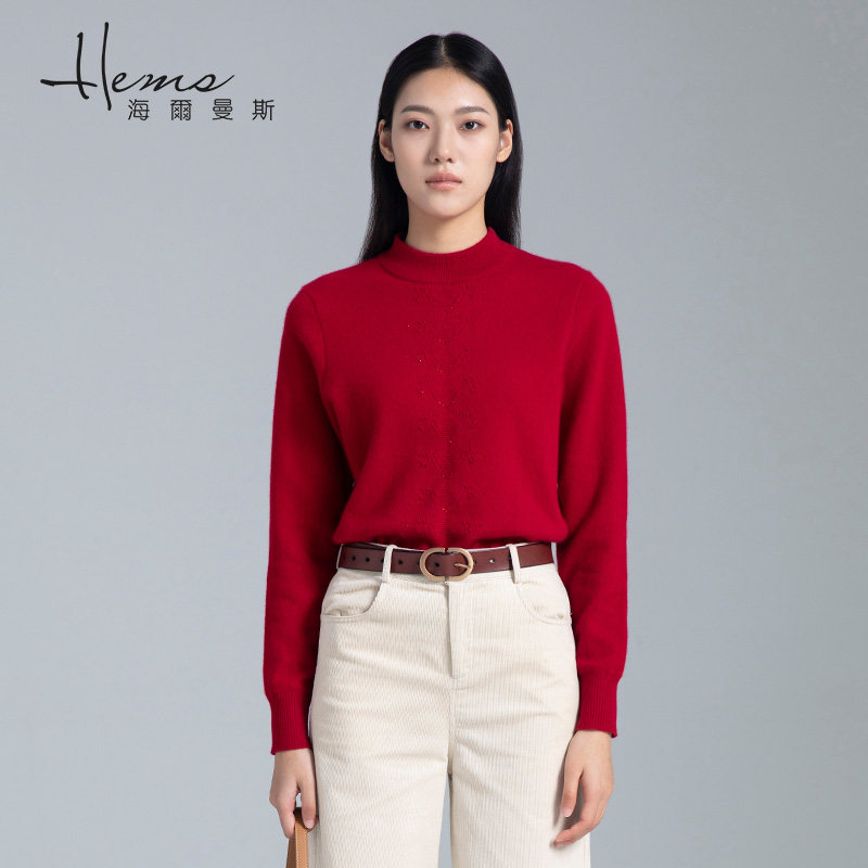 【门店同款】海尔曼斯秋冬简约红色女羊绒衫针织衫温柔风毛衣保暖,淘宝优惠券,粉丝福利购,淘宝优惠卷