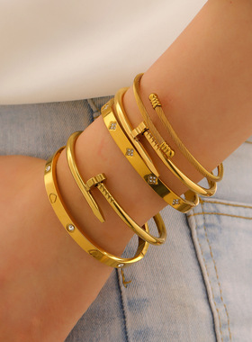 跨境不锈钢金色手镯套装镶钻钉子小蛮腰四叶草手镯gold bangles