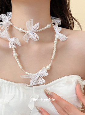 法式蕾丝蝴蝶结珍珠项链时尚甜美小众优雅锁骨链轻奢感项饰女