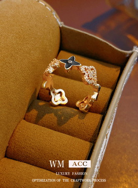 中古vintage真金电镀镶锆石滴油花朵开口戒指小众感指环手饰