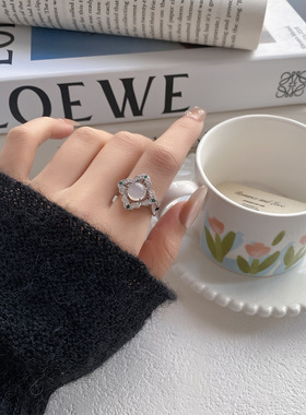 超大夸张镂空粉色玛瑙可调节开口指环戒指女小众轻奢食指戒