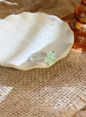 小清新浅绿水晶四叶草可调节开口指环戒指女小众高级轻奢食指戒