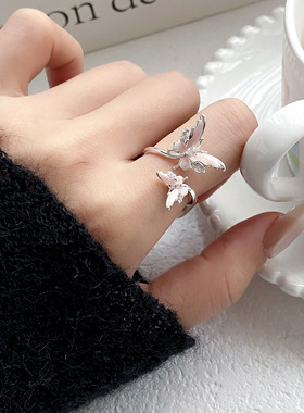 新中式双层蝴蝶渐变滴油戒指国潮精致时尚甜美气质镶锆石开口手饰