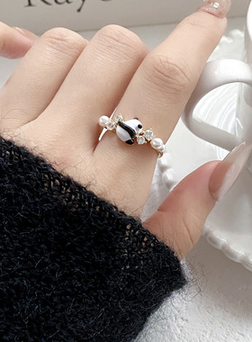 黑白熊猫锆石珍珠可调节开口指环气质戒指女士小众轻奢食指戒