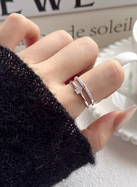 简约双环星星单排锆石戒指素圈开口可调节指环个性叠戴百搭食指戒