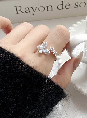 蓝色渐变滴油蝴蝶戒指女士时尚个性ins食指开口可调节感手饰