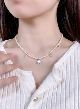 小香风白树脂蓝色铃兰花吊坠项链ins小众设计小米珠串珠链锁骨链