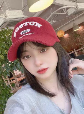 韩国进口代购秋冬新BOSTON字母羊毛混纺显脸小针织鸭舌帽棒球帽女