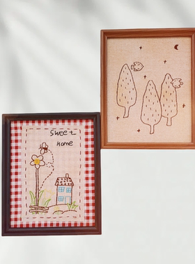 新款中古风手工剌绣贴布画布艺装饰画壁画实木框壁饰客厅创意家居