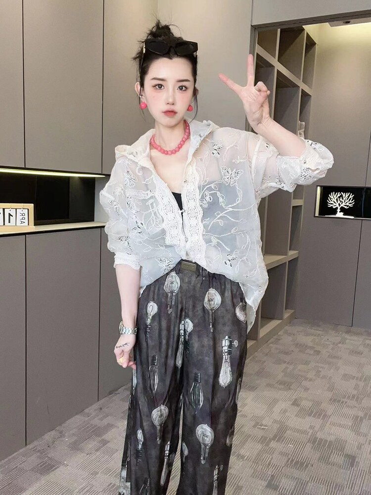 RR fashion 连帽外套女2024夏季新款法式蕾丝拼接纯色长袖防晒服 - 图2