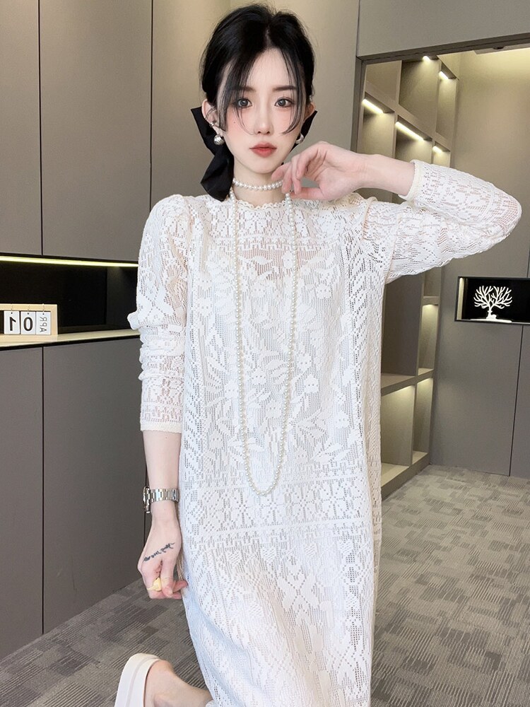 RR fashion 长袖连衣裙女2024夏季新款法式蕾丝钩花镂空直筒长裙