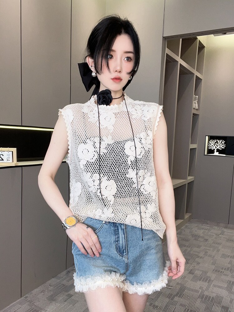 RR fashion 蕾丝镂空T恤女2024夏季新款设计感纯色圆领套头上衣 - 图0