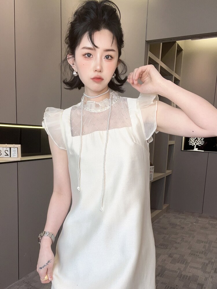 RR fashion 连衣裙女2024夏季新款法式拼接网纱钉珠木耳边裙子 - 图0