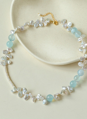 ins异形天然花瓣珍珠海蓝宝项链