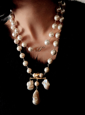 法式天然巴洛克珍珠平衡耳环项链